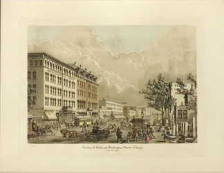 Corner of State és Washington Streets, Chicago, 1865-ben