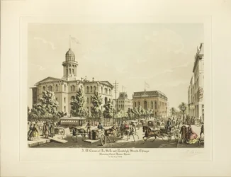 N. W. Corner of LaSalle and Randolph, Chicago, a Court House Square látható 1864-ben