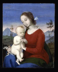 Madonna és a gyermek madárral (olaj, fa)