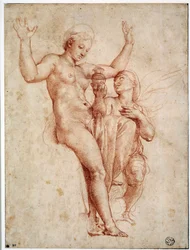 Psziché átadja Vénusznak a Sztüx vizét. Raffaello Sanzio, azaz Raffaello (1483-1520) szangvinrajza