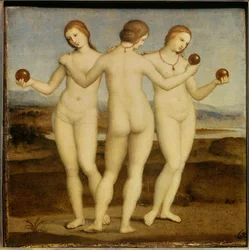 A három grácia. Raffaello Sanzio, azaz Raffaello (1483-1520) festménye. 1504-1505. Chantilly. Condé Múzeum.