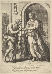 Alamizsnaosztó: gyöngyházas fejdíszes, glóriás nő kenyeret nyújt két férfi koldusnak, egynek..., 1589.