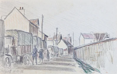 Katonai járművek konvoja Trilportnál, 1914-18 körül (ceruza, papír)
