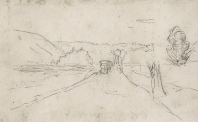 út teherautókkal és robbanások egy mezőn, 1914-18 körül (rajz)