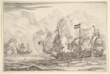 Tengerészeti találkozás három hajóval a jobb oldalon, a tengeri csatákból Nieuwe Scheeps Bat..., 1652-54.