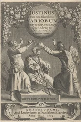 Minerva en twee geketende figuren Titelpagina voor: A. Thysius, Justinus cum notis selectissimis variorum Berneggerj, Bongarsy, Vossy, Thysy stb., 1659