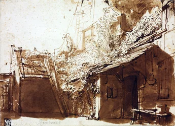 Parasztház fényben és árnyékban - Rembrandt van Rhijn (1606-1669) - 1635-1636 - Toll, ecset, barna festék papíron - 16,2x22,5 cm - Szépművészeti Múzeum, Budapest