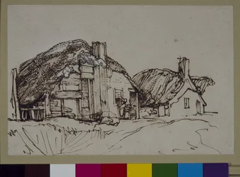 Két nádfedeles házikó figurákkal az ablaknál, 1640 körül (toll és tinta papíron)