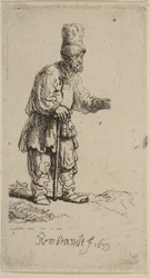 Magas sapkás paraszt, botra támaszkodva, 1639.