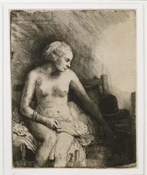 Egy nő a fürdőben, kalappal maga mellett, 1658