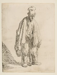 Koldus magas sapkában, állva és botra támaszkodva, kb. 1629.