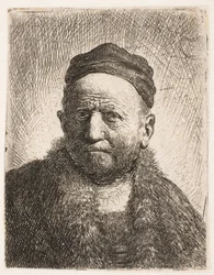 Egy férfi (Rembrandt apja) mellszobra, teljes arcból, szűk sapkában