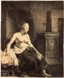 Félmeztelen nő egy kályhánál, 1658