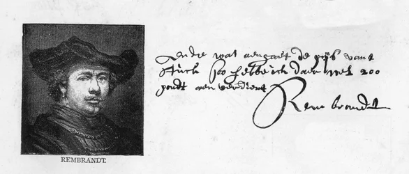 Rembrandt kézírása és aláírása egy Constantijn Huygenshez írt levélből, amelyben egy tartozásként fennálló pénzösszeg kifizetését kéri, kb. 1640
