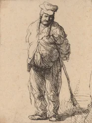 Rongyos paraszt, kezével a háta mögött, bottal, c. 1630.