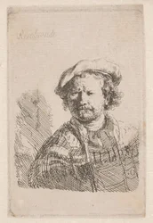 Rembrandt lapos sapkában, vállán kendővel