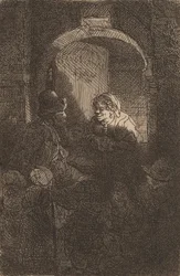 Nő az ajtónyílásban, egy férfival és gyerekekkel beszélget Az iskolamester, 1641.