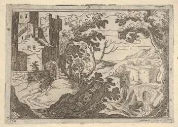 Táj épületekkel balra, alul jobbra egy híddal, kb. 1620-50.