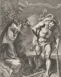 Szent Kristóf a Krisztus-gyermeket viszi át a patakon, egy másik férfi kezében egy ..., kb. 1636-80.