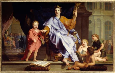 Az ékesszólás Az ékesszólás allegóriája koronázta meg a háttérben XIV. Lajos királyt udvari emberei előtt. Rene Antoine Houasse (1645-1710) festménye 17. századi nap. 0,96x1,54 m Brest, Muse des Beaux Arts