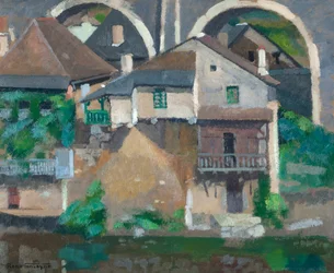 Házak a Vézère-n Uzerche-ben (olaj, karton)