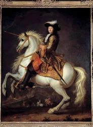 XIV. Lajos (1638-1715) lovas portréja. Csizmanadrág. Rene Antoine Houasse (1645-1710) festménye 17. századi nap. 2,55 x 2 m