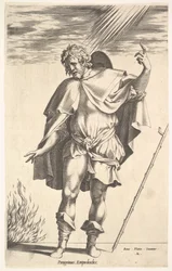 Empedoklész háromnegyed szögben elfordított fejjel elöl állva irányítja ..., kb. 1545-63.