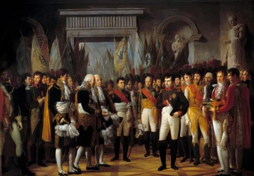 I. Napóleon (1769-1821) fogadja a konzervatív szenátus képviselőit a berlini királyi palotában 1806.11.19. Rene Berthon (1776-1859) festménye 1806 V. 3,93x5,02 m - Napóleon (1769-1821) fogadja a konzervatív szenátus képviselőit a királyi székesegyházban