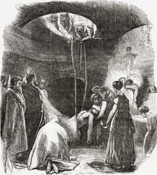 Egy kora keresztény temetés a római katakombákban, Olaszországban. Samuel Manning tiszteletes 1890 körül megjelent Olasz képek című művéből.