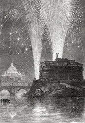 A Szent Péter-bazilika kivilágítása és tűzijáték az Angyalvár felett, Róma, Olaszország, a 19. század végén. Samuel Manning tiszteletes Olasz képek című könyvéből, megjelent 1890 körül.