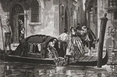 Utasok szállnak ki egy gondolából a Canal Grande csatornán, Velence, Olaszország, 19. század vége. A Rev. Samuel Manning által 1890 körül kiadott Italian Pictures című kötetből.