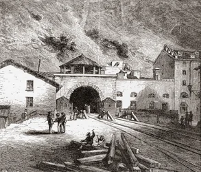 A Fréjus vasúti alagút, más néven Mont Cenis alagút, Európai Alpok, az olasz oldalról a 19. század végén. Samuel Manning tiszteletes 1890 körül kiadott Italian Pictures című művéből.