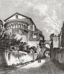 A Santi Giovanni e Paolo templom, Celian Hill, Róma, Olaszország a 19. század végén. A Samuel Manning tiszteletes által 1890 körül kiadott Italian Pictures című műből.