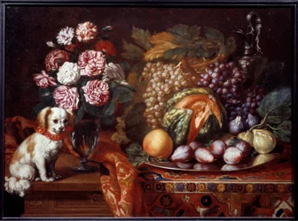 Csendélet törpe spániellel. Renaud Levieux festménye: Reynaud Le Vieux (1625-1690 körül)