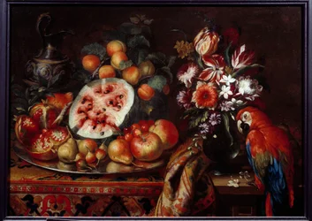 Csendélet piros papagájjal és gyümölccsel Maracuja, körte, őszibarack és sárgabarack. Reynaud Levieux Reynaud festménye (kb. 1625-1690) 17. századi Marseille, Musee des Beaux Arts