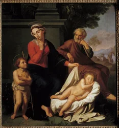 A Szent Család. Szűz Mária az ujját a szája elé teszi, hogy megkérje Keresztelő Szent Jánost, hogy ne ébressze fel Jézust, aki alszik. Szent József figyeli a jelenetet. Reynaud Levieux festménye (kb. 1625-1690)