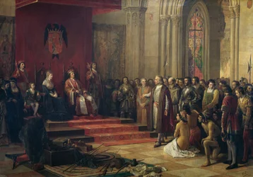 Kolumbusz Kristófot a Katolikus Királyok fogadják Barcelonában, amikor visszatér első amerikai útjáról, Ricardo Balaca (1844-1880) 1874-es festménye
