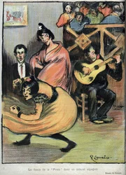 A tyúk tánca egy spanyol kabaréban - R. Canals rajza a Le Rire de 1898-ban -