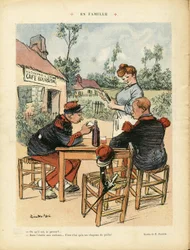 Ricardo Flores (1878-1918) illusztrációja a Le Lire-ben, 08/08/08 - Család - Armee, Étterem Kávézók, Bor, Alkoholos - Kávésfiú, Pincérnők Pincérnők, Katonák