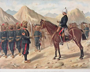 Punjab Frontier Force No.1 Kohat Mountain Battery, az 1880-as évek angol-indiai hadserege (színes litográfia)
