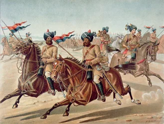 Scouts of the 10th Bengal Lancers (field Service Kit), az 1880-as évek angol-indiai hadserege (színes litho)