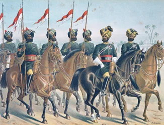 The 2ND Bombay Lancers, felülvizsgálati parancs, az 1880-as évek angol-indiai hadserege (színes litho)