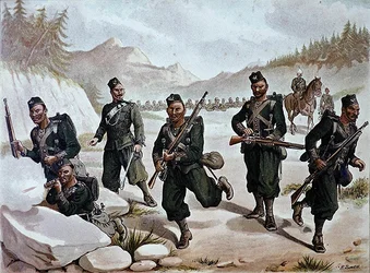 A 3. gurkha csetepaté, az 1880-as évek angol-indiai hadserege (színes litho)