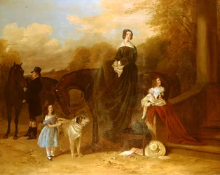 Egy család vadászaikkal és kutyáikkal egy kastélyon kívül, 1841