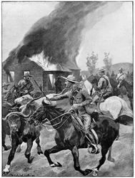 Brit gyarmati csapatok felgyújtják egy lázadó búr farmját. R. Caton Woodville festménye után. 2. búr háború 1899-1902.