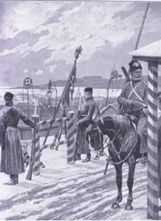 Kozák állomás Mandzsúriában törzsi táblákkal a férfikunyhók felett, illusztráció a Cassells History of the Orosz-Japán háború 1. kötetéből, 1900 körül