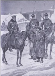Kuliként felfedezett japán kémek letartóztatása, illusztráció: Cassells Az orosz-japán háború története, 1. kötet, 1900 körül