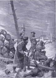 Attack on the railway by Chunchuses, illustration fromCassells History of the Russo-Japanese War Vol 1, c.1900