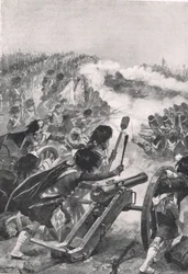 A hegyvidékiek az elfogott francia ágyúkat a Brenniers zászlóaljak ellen fordítják, illusztráció a „British Battles on Land and Sea” című könyvből, kiadó: Cassell, London, 1910 körül