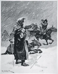 Török-baskír kozák íjászok zaklatták és üldözték Napóleon hadseregének visszavonulását Oroszországból 1812-ben (színes litho)